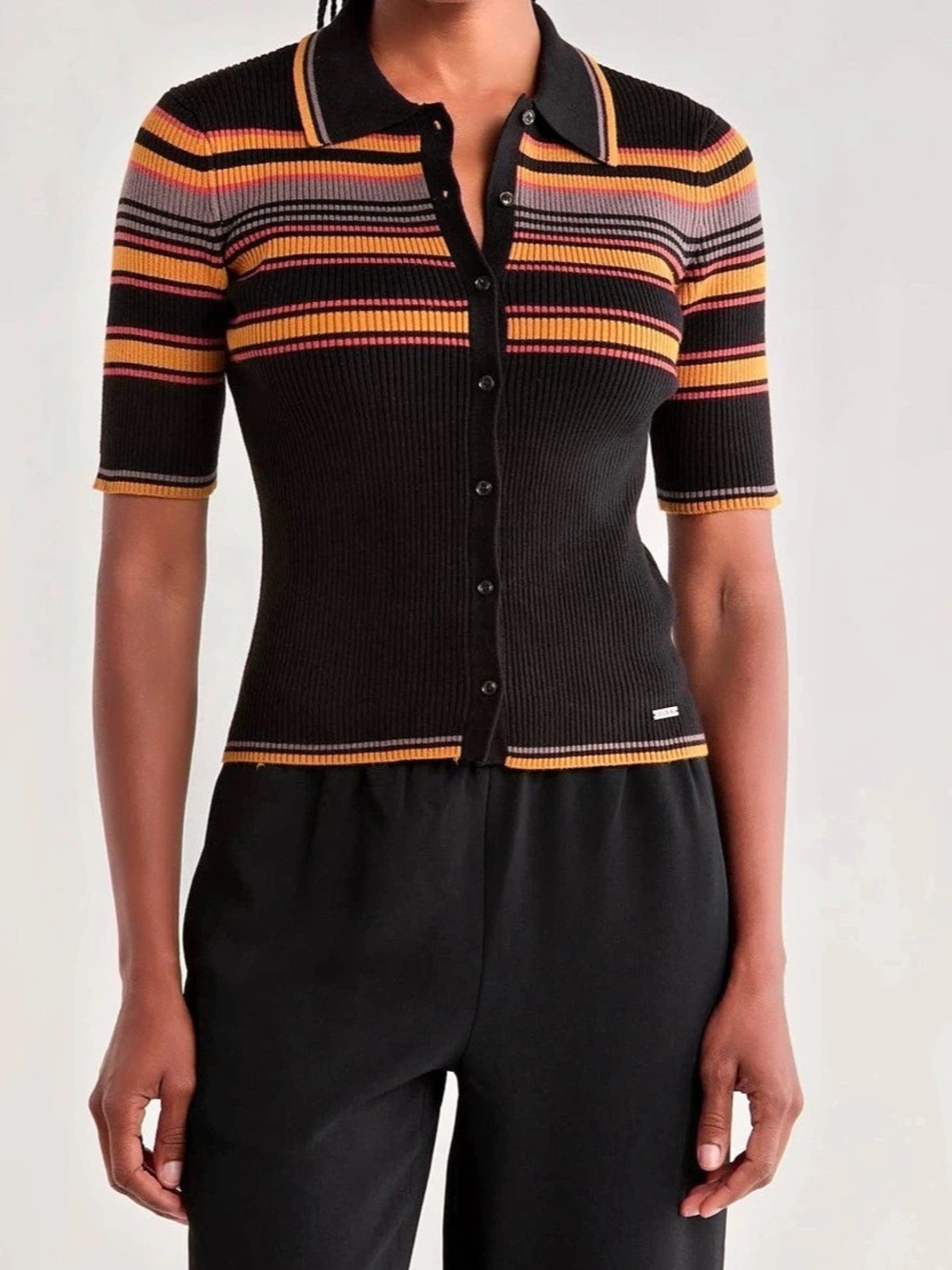 Jason Wu Striped Polo Button-Down Top in Black & Orange Size Large NWT